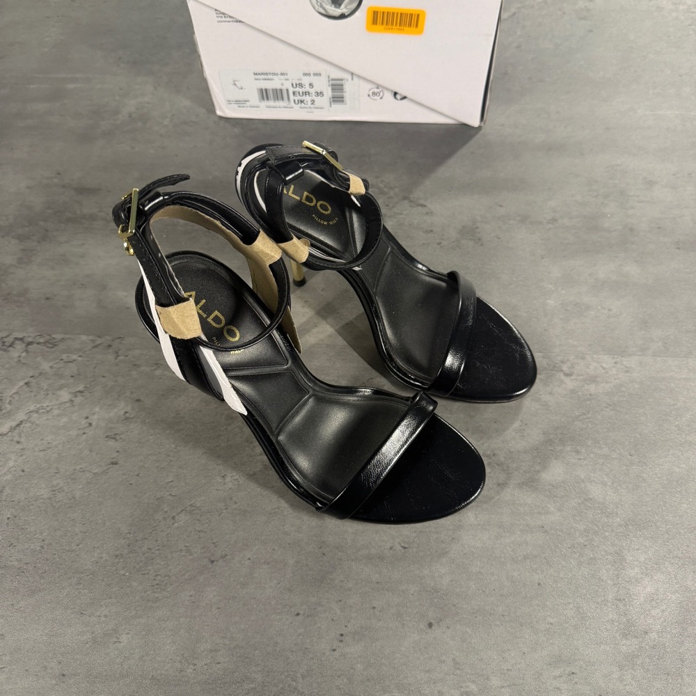 Aldo Mauristou Sandals Women 5 Black Gold Stiletto Heel Pillow Walk Strappy $130